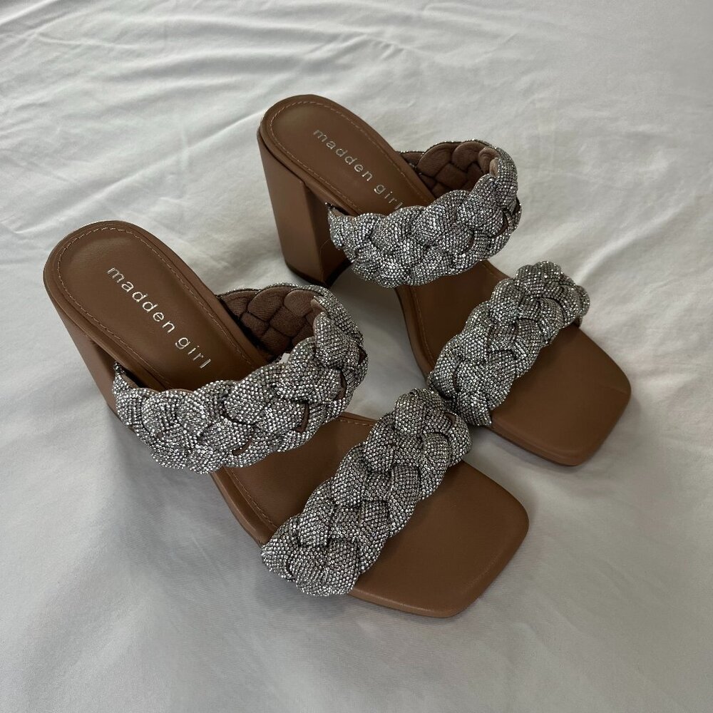 Madden Girl Park Braided Rhinestone Block Heel Sandals (NWOB)
